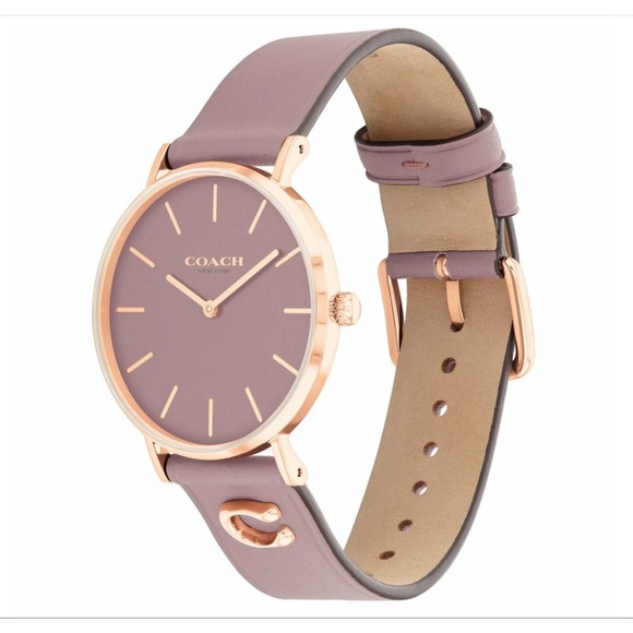 COACH PURPLE LEATHER STRAP WATCH 36MM "PERRY" ROSE GOLD PLATED STEEL - Picture 2 of 10